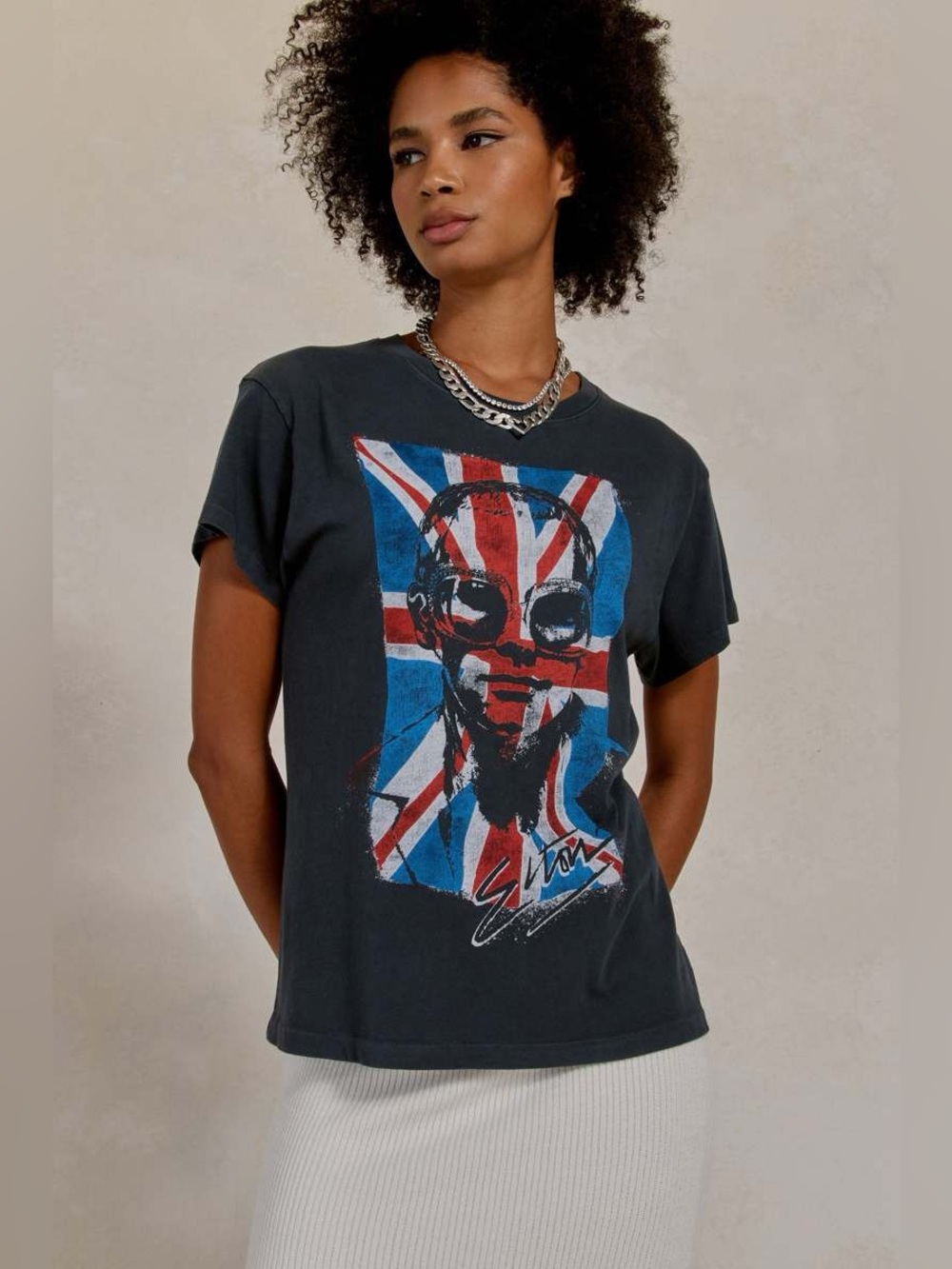 Daydreamer Small Elton John Flag Short Sleeve Cotton T-Shirt In Vintage Black